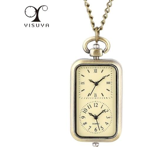 Dual Dial Zone Rectangle Shaped Bronze Quartz Pocket Watch Necklace Pendant Watches Gifts Men Women Kids with Sweater Chain