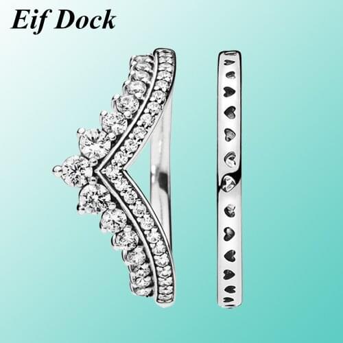 Eif Dock Fashion Clear Zircon Princess Wish Crown Finger Ring Classic Stackable Statement Jewelry For Women Wedding Gift