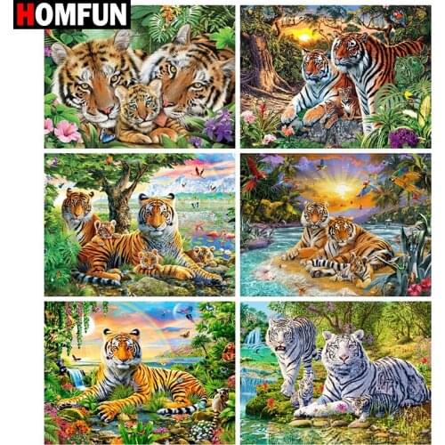 HOMFUN Square Round Drill 5D Diamond Painting Environmental Crafts Full Diamond Embroidery "Animal tiger scenery" Home decor
