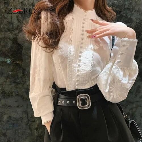 Korean Lace Shirts Stand Collar Puff Long Lantern Sleeve Patchwork Buttons Up Oversized Loose Women Blouses Ladies Tops Mujer