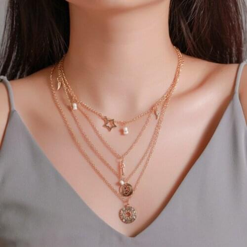Cross Five-Pointed Stars Pendant Retro Hollow Round Circle Beads Multi-Layer Golden Alloy Tassel Necklace for Women