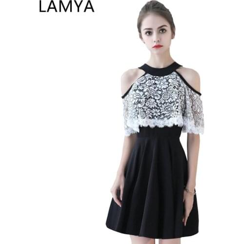 LAMYA 2019 Black Halter Prom Dress Short Lace A Line Illusion Evening Party Gown Plus Size Zipper Robe De Soiree Longue