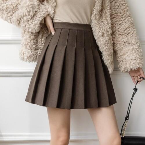 TIGENA Korean Cute Pleated Mini Skirt Women 2021 Autumn Winter Casual Solid A Line High Waist Short Woolen Skirt Female Brown