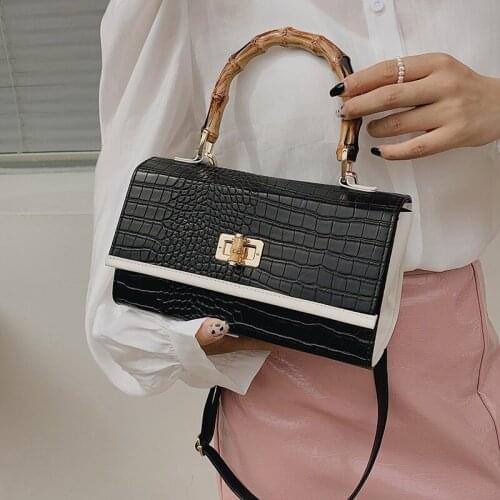 Fashion Women Shoulder Bag Bamboo Wood Handle Ladies Purses And Handbags Crocodile Pattern PU Leather Crossbody Bags Sac Femme