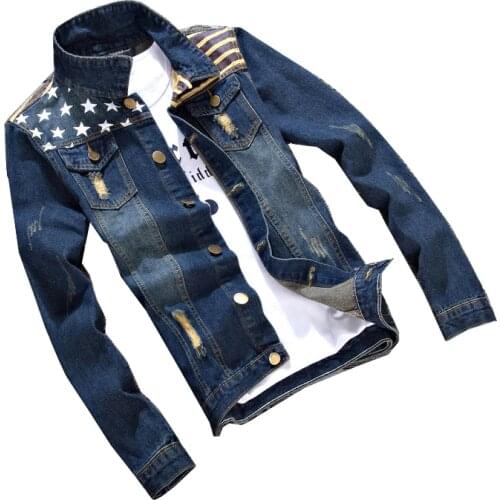 Male Outerwear Coats Men Brand Clothing Mens Denim Jackets Fashion Pocket Star & Striped Slim Fit Jean Jacket