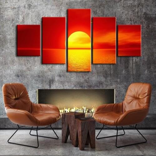 Framed Canvas Painting 5 Pieces Modern Wall Art Ocean Sunset Oil Painting Printed Landscape Pictures Ready For Hang
