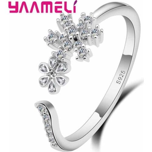 Newest Genuine 925 Sterling Silver Elegent Ring Present For Lady Two Flowers Shape Settng White Crystals Rings Bijoux
