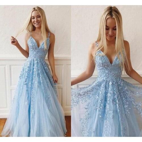 Charming V-Neck Prom Dresses 2019 Sleeveless Appliques Sky Blue Graduation Party Gowns Evening Dresses robe de soiree prom dress