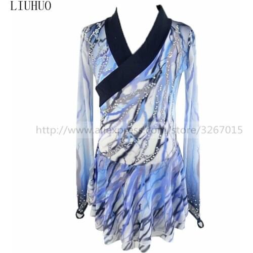 Figure Skating Dress Customized Competition Ice Skating Skirt Girl Women Blue gray stripe pattern Sparkling rhinestones Dance