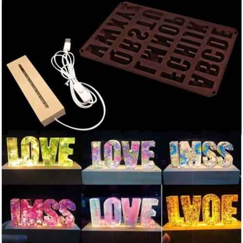 Alphabet Epoxy Resin Mold with LED Light Dispaly Base English Letters Pendant Casting Silicone Mould DIY Crafts Jewelry