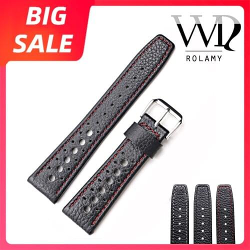 Rolamy 20 22mm TOP Luxury Real Calf Leather Handmade White Stitches Wrist Watch Band Strap Belt For Rolex Omega IWC Tag Heuer