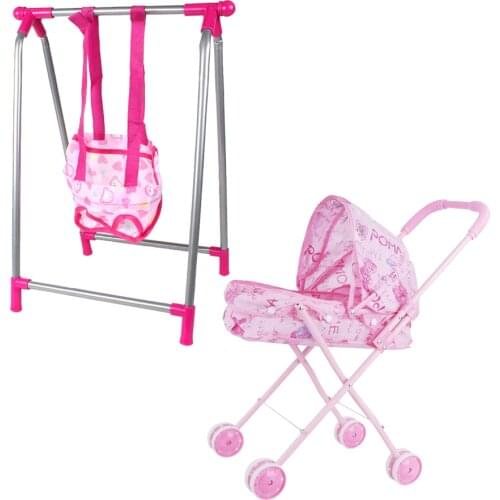Foldable Baby Doll Stroller Pushchair and Swing Set for Reborn Newborn Baby, Nursery Bedroom Furniture Toy Decoration