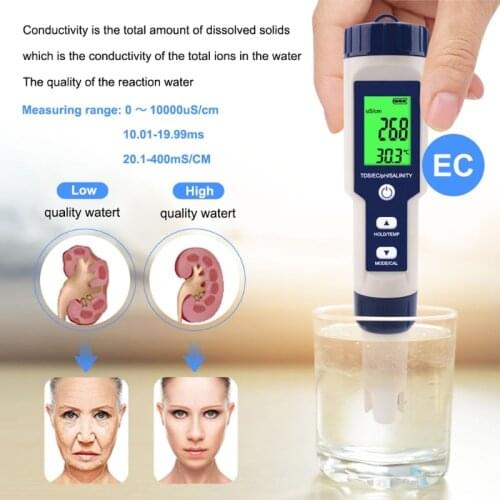 5 in 1 TDS/EC/PH/Salinity/TEMP Water Quality Tester With Electrode Replaceable Can Measured Non-sea Salinity EZ-9909