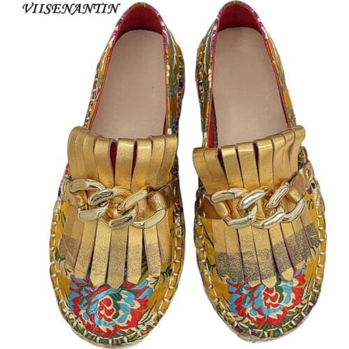 Fisherman Shoes Female Black Embroidered Hemp Rope Shallow Mouth Color Matching Flower Chain One Pedal Tassel Lazy Shoes