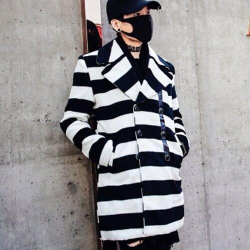 Men windbreaker spring and autumn black and white stripe cardigan in the long loose coat mens leisure jacket youth large size