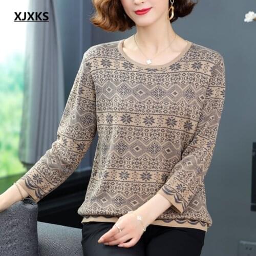 XJXKS 2021 autumn new women thin sweater loose plus size fashion printing three-quarter sleeve top women sweater