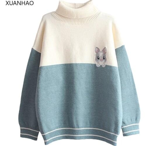XUANHAO Women Knitted Pullover Sweater Cartoon Rabbit Embroidery Winter Clothes Long Sleeve Turtleneck Korean Ladies Sweaters