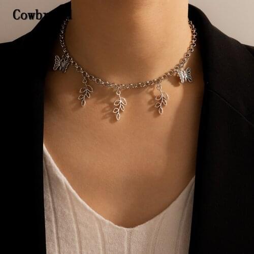 COWBREAD Leaf Necklace for Women Fashion Choker Silver Color Chain Necklace Jewelry Womens Neck Chain