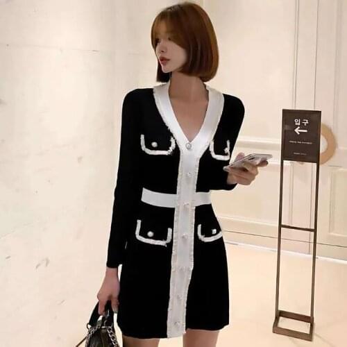 Elegant Sweater Dress Women 2019 Autumn Winter V Neck Single Breasted Pearl Buttons Fringe Black Knitted Mini Pencil Dress