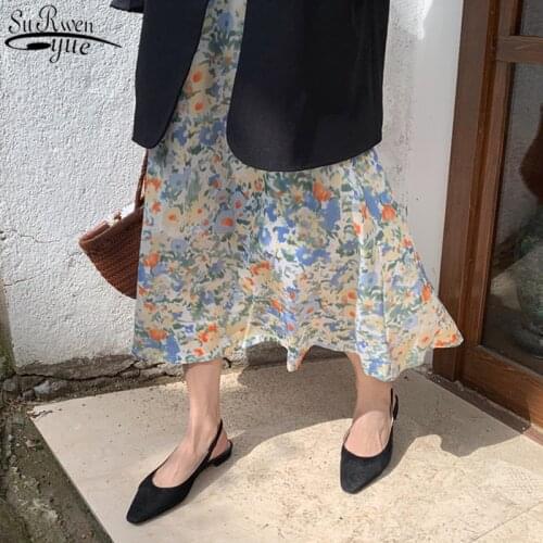2021 Summer Skirts Vintage Printed Floral Skirt Woman High Waist A-line Skirts with Lining Midi Length Elastic Skirt Female 9945