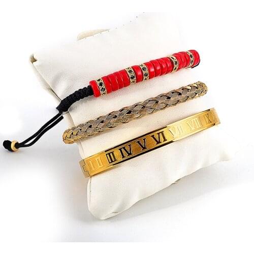 3Pcs/Set Gold Silver Color Stainless Steel Bracelet Adjustable Braided Bracelet Roman Numeral Dark Punk Heavy Metal Bracelet