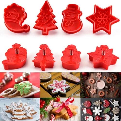 4pcs Stamp Biscuit Mold 3D Cookie Plunger Cutter Pastry Decorating DIY Food Fondant Baking Mould Tool Christmas Tree Snowman NEW