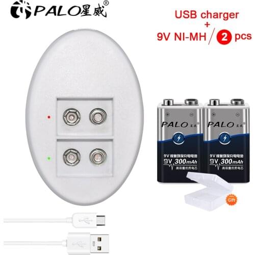 Palo 2-8pcs rechargeable 9V battery 6f22 9V nimh pre-charged batteries 300mah+9V batter quick charger usb smart 9V charger