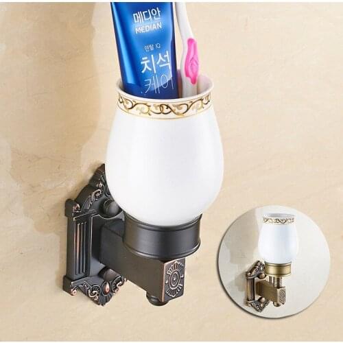 Antique Brass Toothbrush Holder Wall Mounted Toothbrush Cup Holder Copper Shelves With Single Ceramics Cup Set