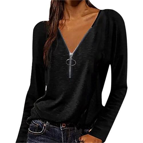 40# Zipper V Neck Blouse Long Sleeve Casual Loose Shirt Women Solid Color Basic Tops Oversize Blouses And Shirts Blusas Рубашка