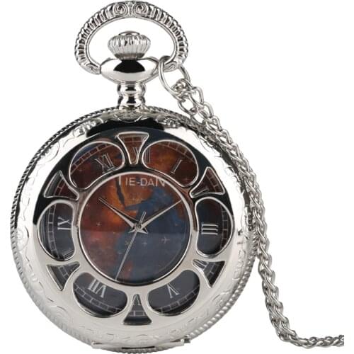 Creative Route Map Dial Quartz Analog Pocket Watch Silver Flower Hollow Case Fob Pendant Clock Hours with 80cm Necklace Chain