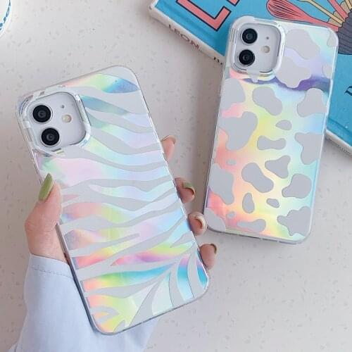 IMD Laser Gradient Colorful Soft TPU Phone Case for iPhone 12 Mini 11 Pro Max SE 2020 Fashion Milk Cow Zebra Pattern Back Cover
