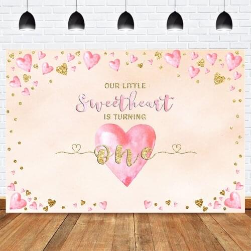 Little Sweetheart One Birthday Party Backdrop for Photography Golden Pink Heart Newborn Baby 1st Birthday Background Photocall