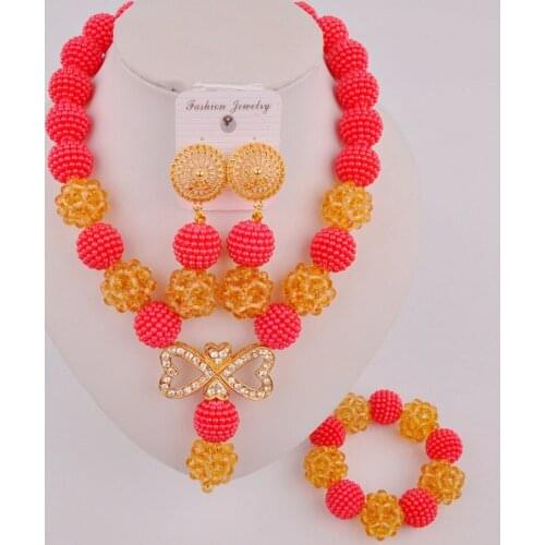 Beautiful Red and Champagne Gold African Wedding Beads Womens Nigerian Jewelry Set SP1-03