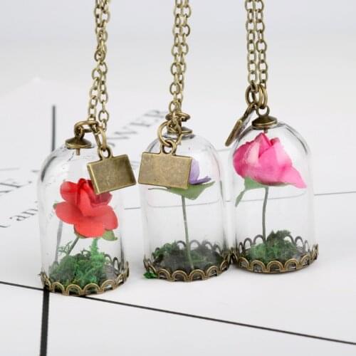 Beauty and The Beast Necklace Rose in Terrarium Pendant Necklace His Beauty/Her Beast Valentines Day Fairy Tale Movie Jewelry-30