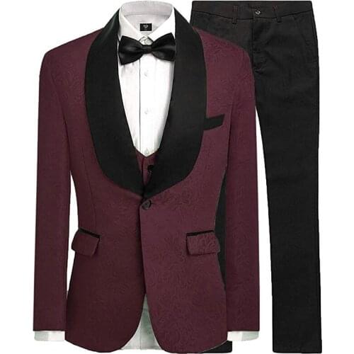 Pattern Groomsmen Dark Red Groom Tuxedos Shawl Black Satin Lapel Men Suits Wedding Best Man ( Jacket+Pants+Vest+Tie ) C494