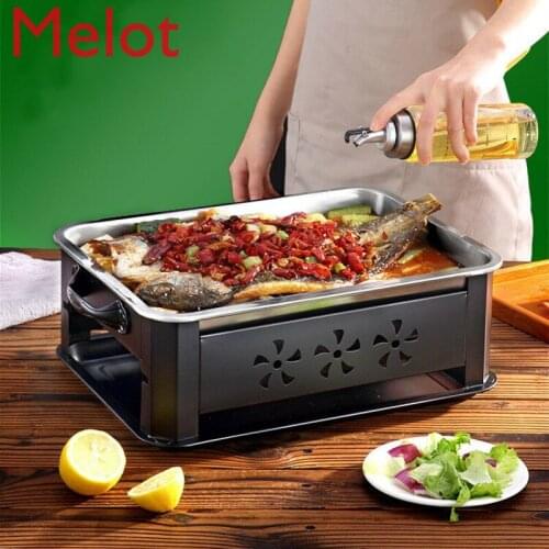Grilled Fish Dish Rectangular Stainless Steel Seafood Large Tray Charcoal Stove Carbon Fish Roasting Plate Hot Pot Cookware