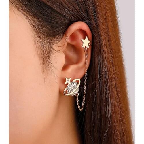 2021 New Korean Version Simple Retro Long Chain Ear Clip Cute Fun Creative Fashion Geometric Metal Non-hole Earrings for Women