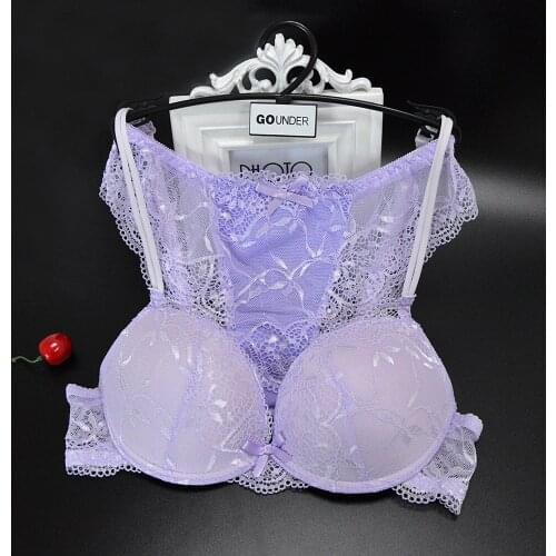 YANDW new lace bra brief set push up bra sexy lingerie embroidery girl women underwear panties set floral underwire big Violet