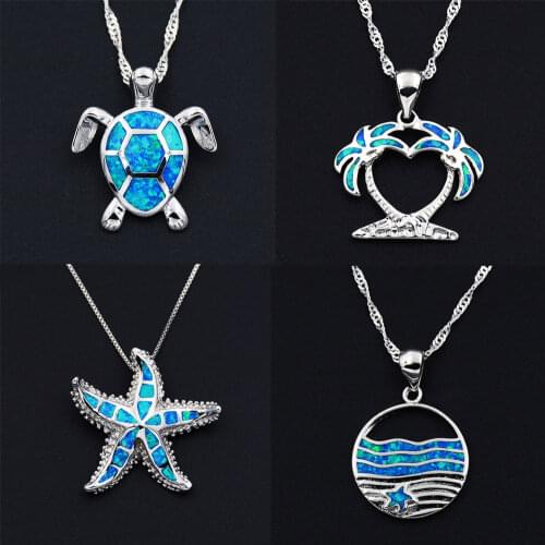 Ocean Blue Fire Opal Beach Themed Pendant Necklace Featuring Sea Turtle Palm Tree Whale Tail Starfish
