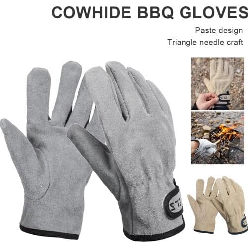 BBQ Gloves Cowhide Leather Gloves Heat Fire Resistant Mittens Outdoor Warm Gloves for Baking Forge BBQ Oven Fireplace