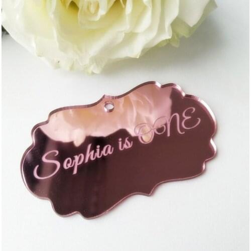 Personalised Rose Pink Wedding Favor Tags, Mirrored Chocolates Tags, Custom Mirrored Tags Mirror Sticker