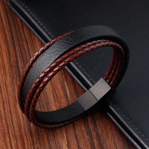 Simple Style Custom Handmade Leather Buckle Stitching Combination Stainless Steel Mens Bracelet Magnet Big Promotion Gift