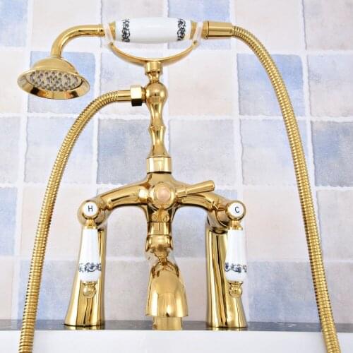 Luxury Gold Color Brass Deck Mounted Bathroom Tub Faucet Dual Handles Telephone Style Hand Shower Clawfoot Tub Filler atf789