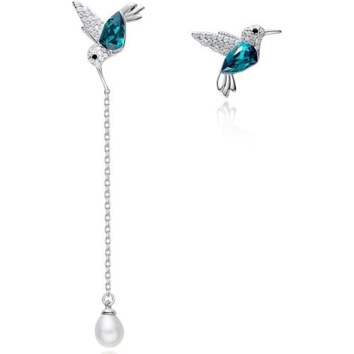 COCOM S925 Sterling Silver Hummingbird Pearl Earrings with Green Austrian Crystals Cute Animal Jewelry Gifts for Women and Girls