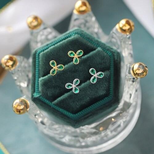 Female Cute Small Plant Stud Earrings Green Crystal Zircon Emerald Earrings Vintage 925 Sterling Silver Gold Earrings For Women