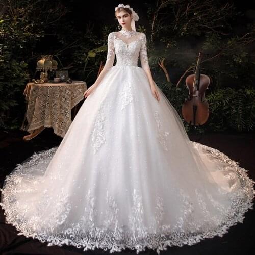 High Neck Wedding Dress 2021 Bridal Gown Three Quarter Sleeve Classic Long Train Ball Princess Robe De Mariee