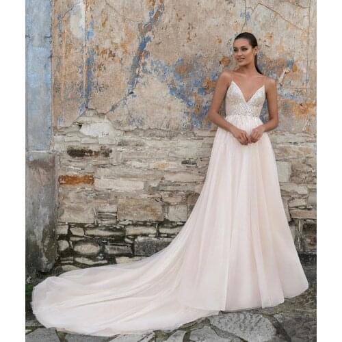 Wedding Dress A-Line V-Neck Spaghetti Straps Lace Sequined Beads Backless Floor Length Sweep Train Bride Gown Custom Made 2021