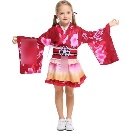 Cosplay Traditional Japanese Kimono Dress for Women Dress Belt Adult Children Halloween Clothing Parent-child Outfit Red Blue