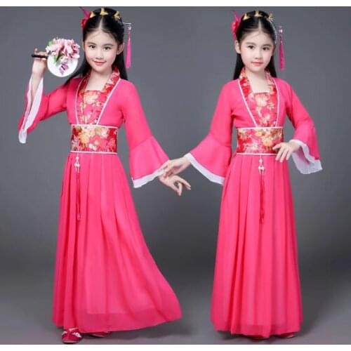 Traditional Dance Fans Chinese Traditional Dress for Kids Hanfu Red Hot Pink Sky Blue White Green Yellow Halloween Girls Costume