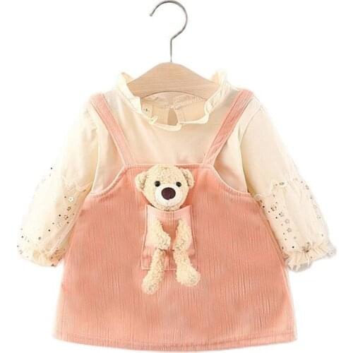 Spring Autumn Girls Skirt Set 2021 New Cartoon Bear Splicing Ruffles Collar Tops + Suspender Skirts Dress Baby for Girl Suits